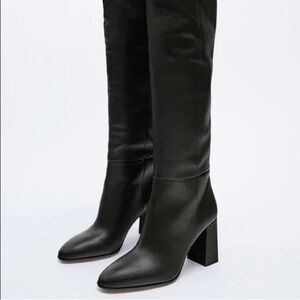 Zara black leather heeled boots 37